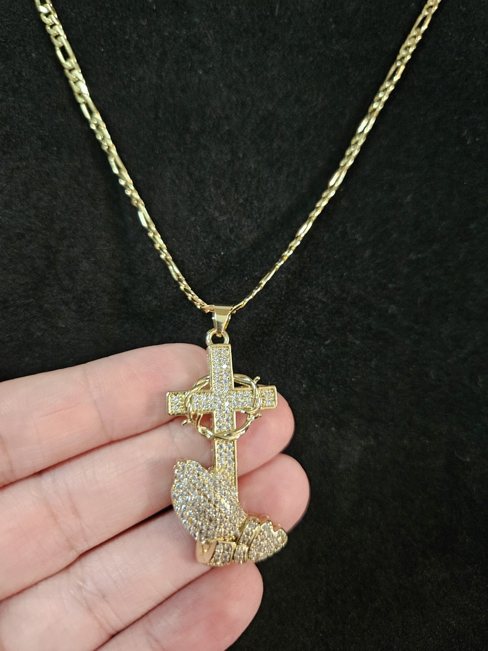 Gold Plated Cross and Praying Hands Pendant Necklace